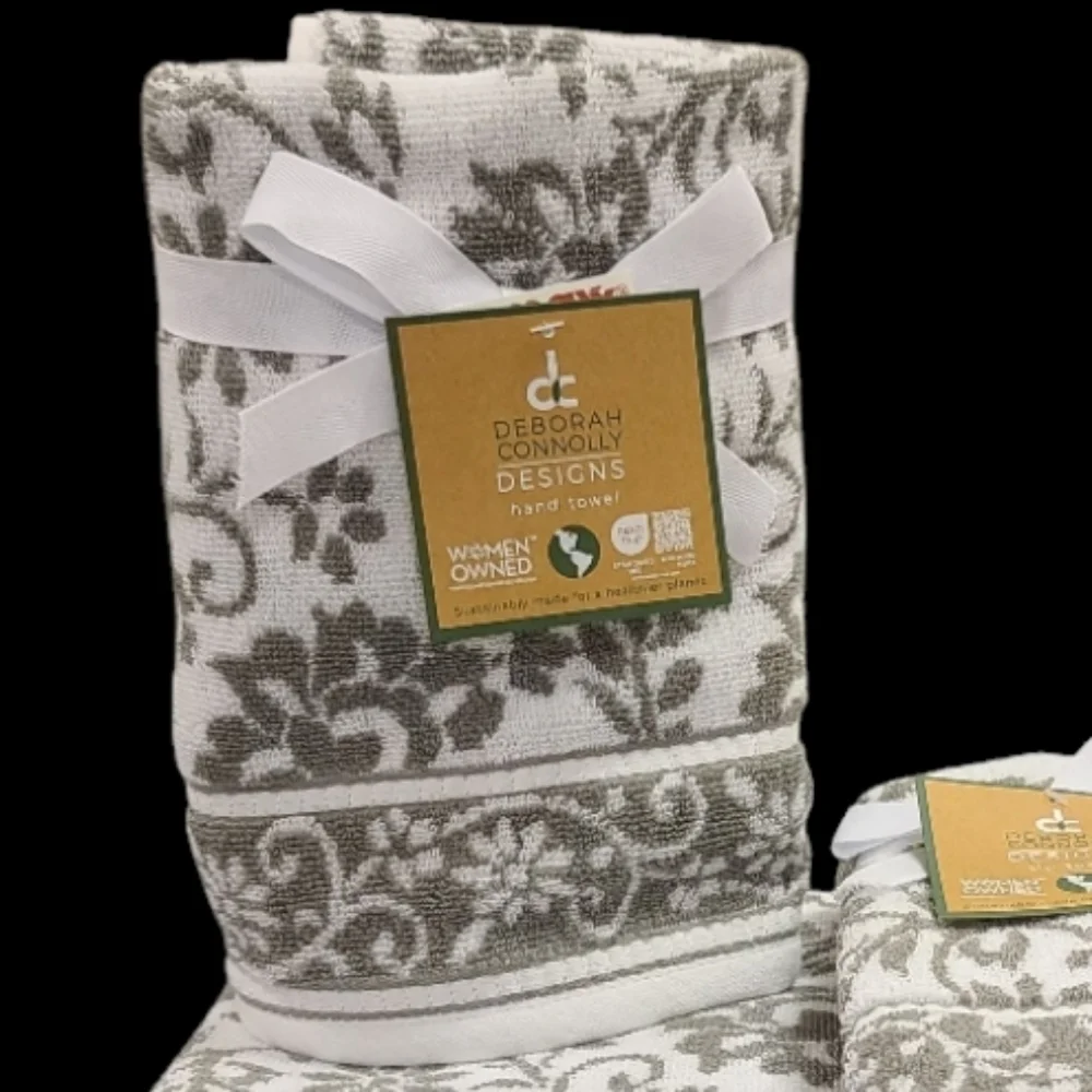 6pc Deborah Connolly Floral Scroll Damask Bath Hand Tip Towel Set Gray White New